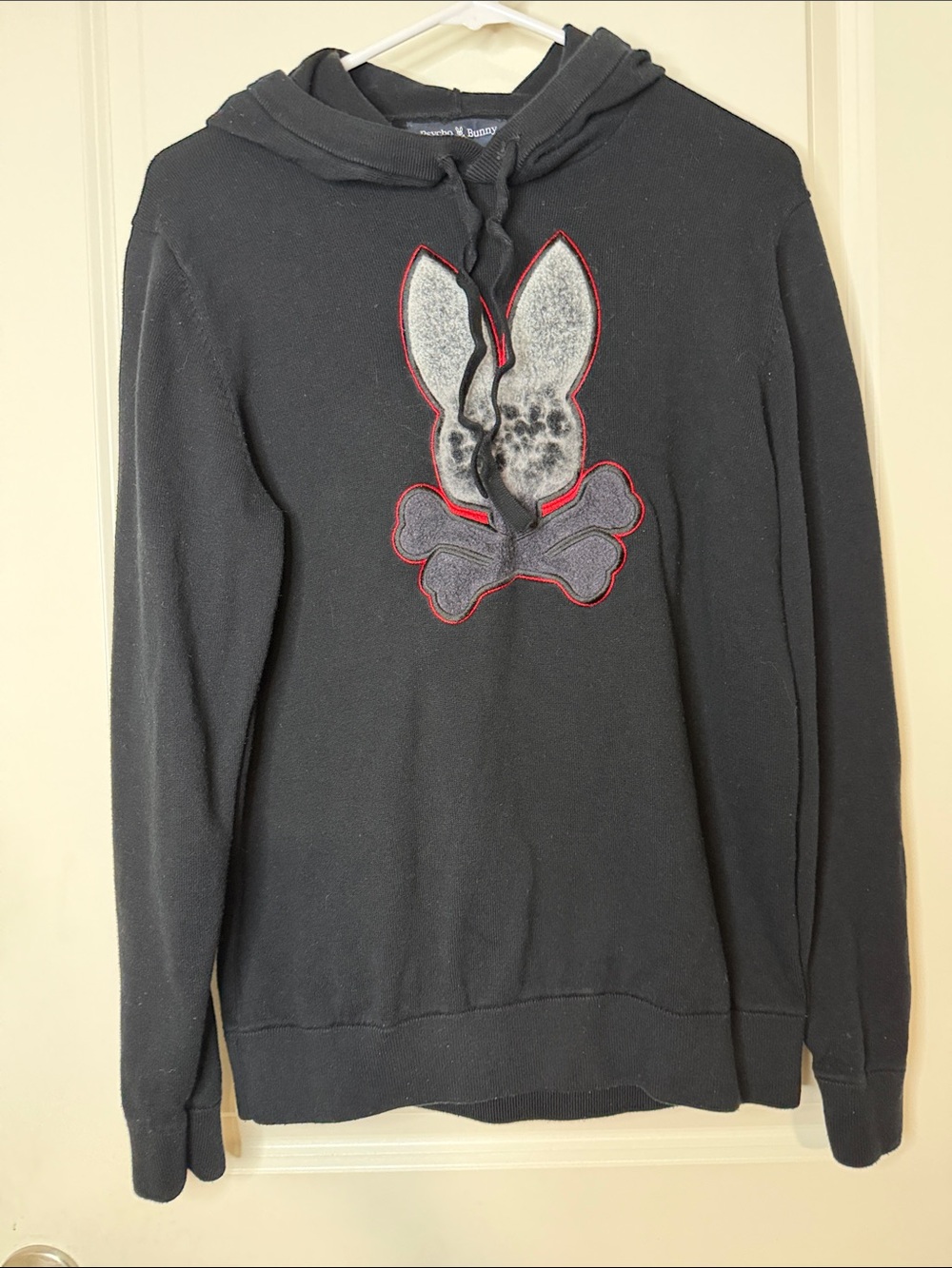 Psycho Bunny Black Hoodie Crewneck with Grey Patch and Red Trim